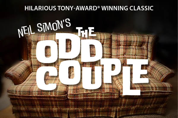 Neil Simon's The Odd Couple title graphic with image of 1960s seedy looking plaid sofa