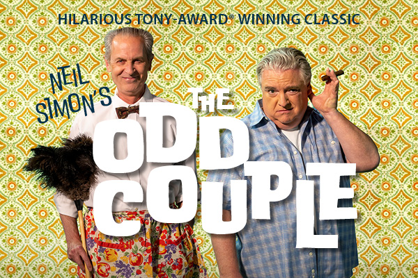 Neil Simon's The Odd Couple title graphic with image of 1960s seedy looking plaid sofa
