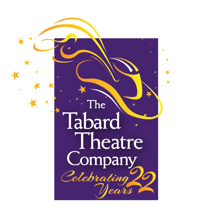 The Tabard Theatre Company Hat logo on a purple vertical rectangle, with gold lettering that reads Celebrating 22 Years