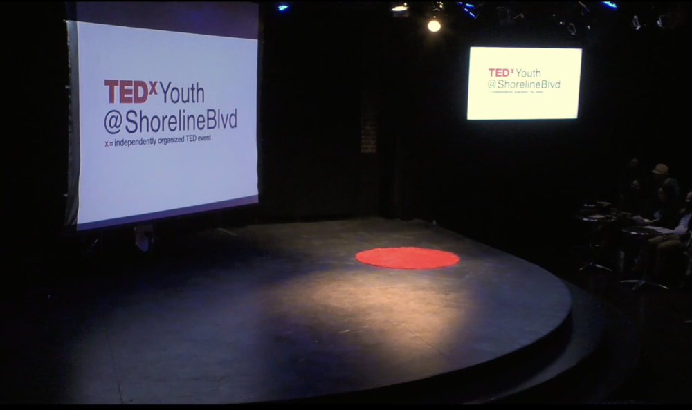 A black stage with a white projector screen, a spotlight and a red circular carpet off to the side. A second video screen is visible to the right of the stage.The TEDxYouth logo is displayed on both screens.